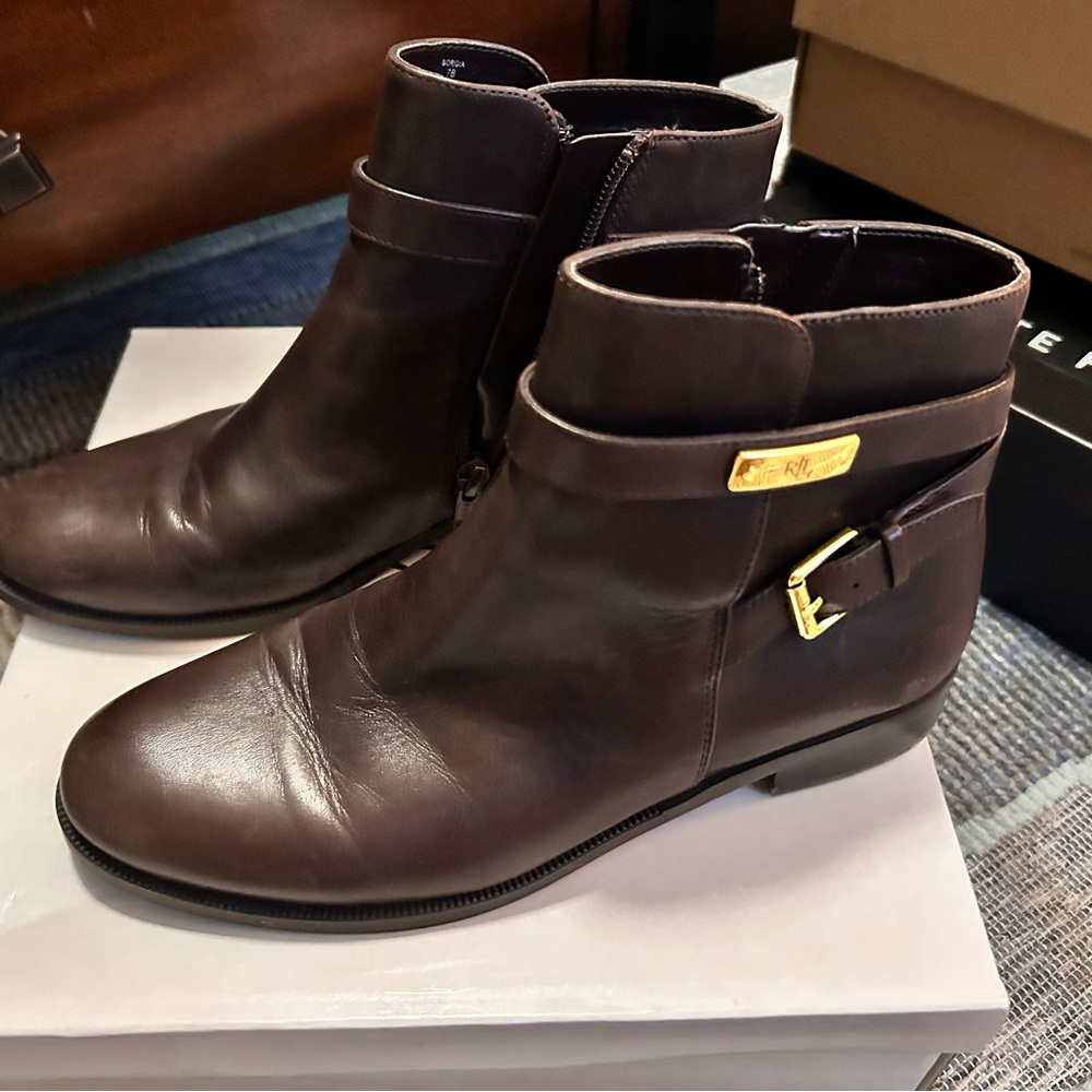 Ralph Lauren Dark Brown Ankle Boots with Gold Accents - Picture 4 of 6